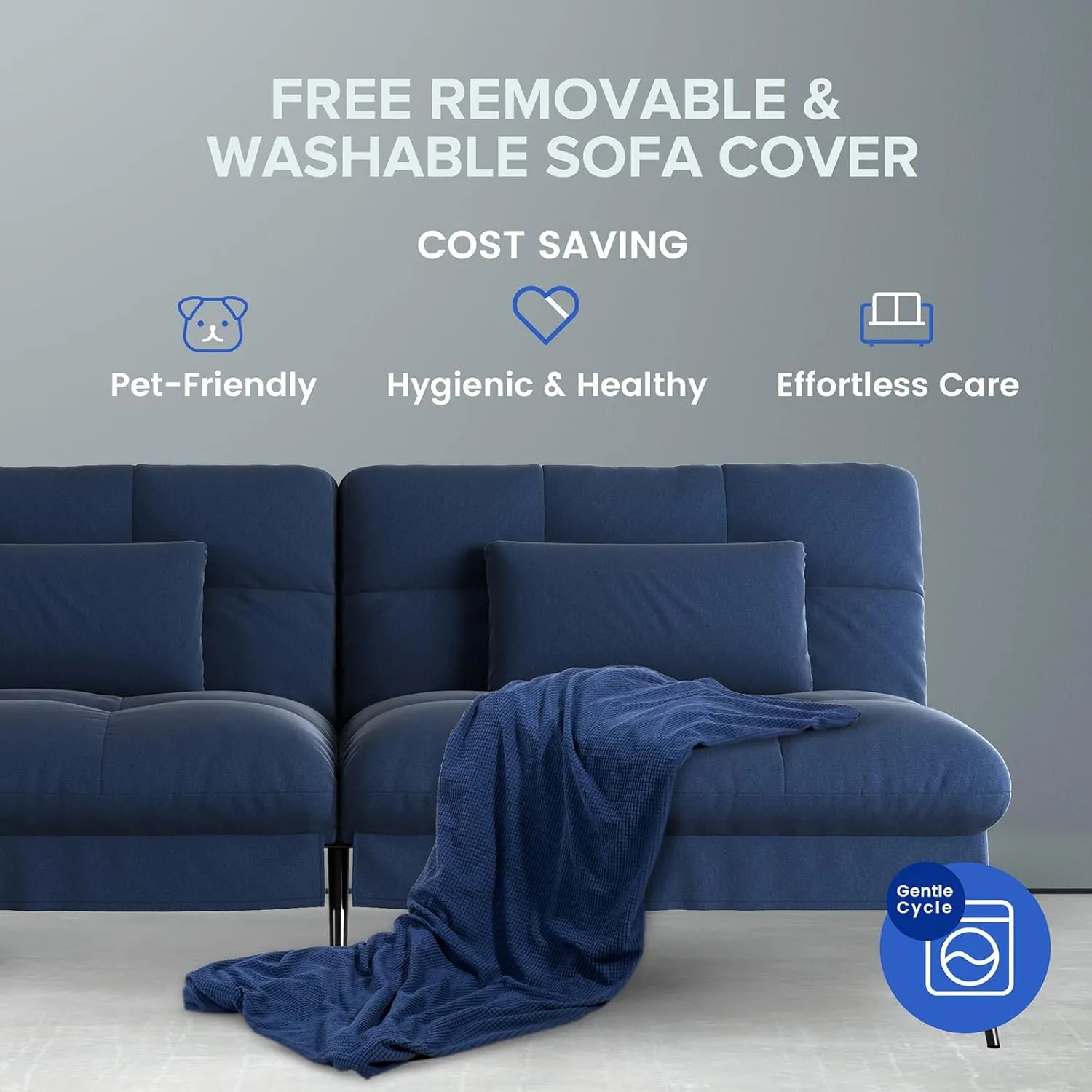 COMHOMA Convertible Futon Sofa Bed, 68″Fabric Futon Couch with Adjustable Backrest, Folding Sleeper Recliner for Living Room Furniture (Drak Blue)