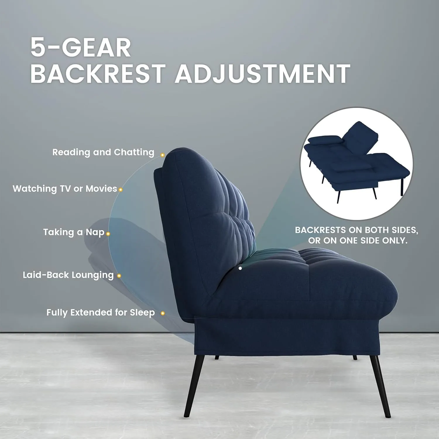 COMHOMA Convertible Futon Sofa Bed, 68″Fabric Futon Couch with Adjustable Backrest, Folding Sleeper Recliner for Living Room Furniture (Drak Blue)