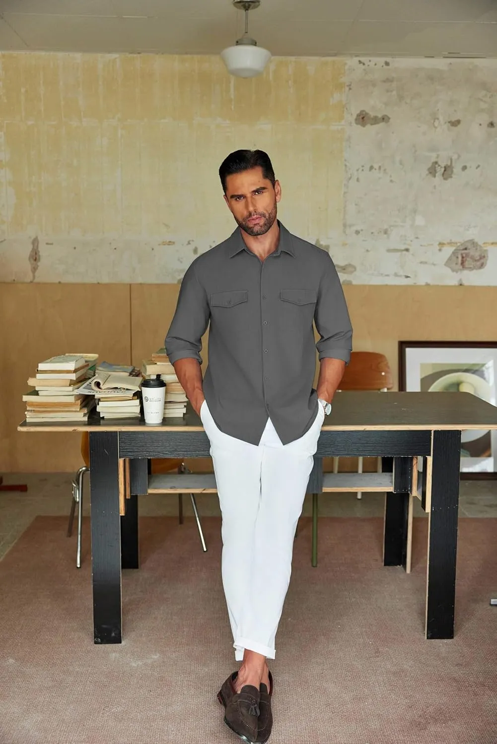 COOFANDY Men's Casual Button Down Shirt Long Sleeve Untucked Shirt Stretch Denim Dress Shirt with Pockets
