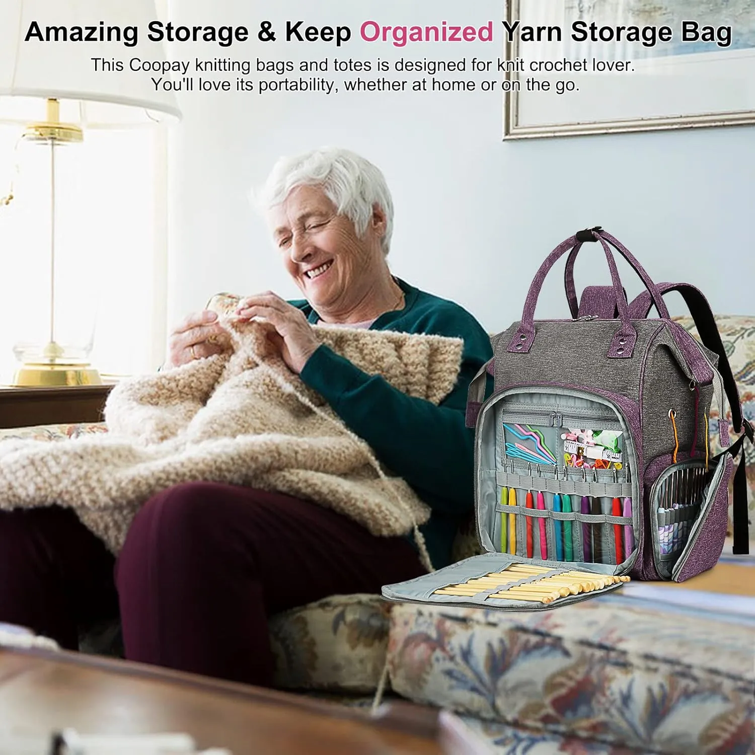 Coopay Knitting Bag Backpack Crochet Bag, Large Yarn Bag Travel Yarn Backpack, Portable Yarn Storage Organizer for Carrying Crochet Hooks, Knitting Needles, Yarn, Knitting & Crochet Supplies-Bag Only