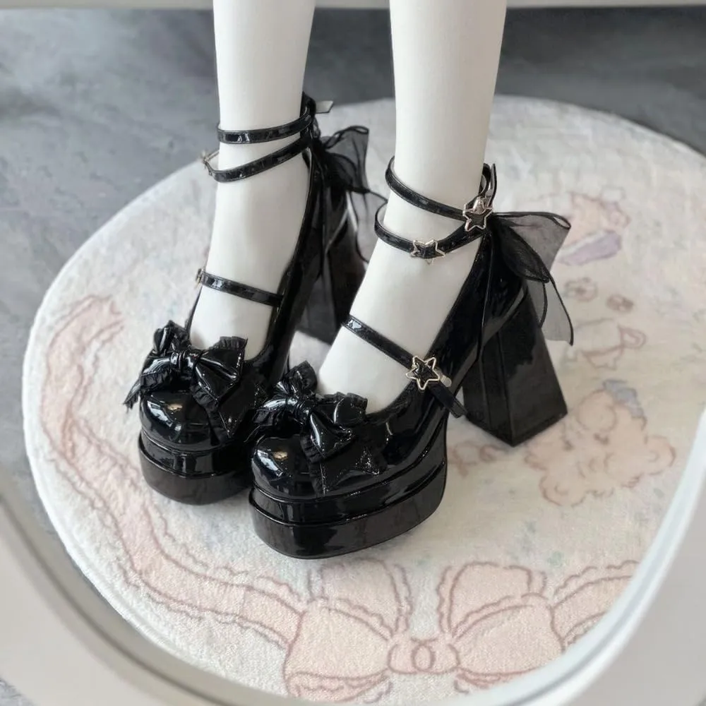 Coquette Star Emo Shoes Heels Bow Mary Janes Platform Women Goth Leather Dressy Ankle Strap Round Closed Toes Chunky Kawaii Lolita Shoes Y2K Retro Trendy Back To School Gift for Daughter Granddaughter
