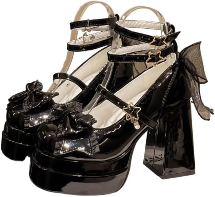 Coquette Star Emo Shoes Heels Bow Mary Janes Platform Women Goth Leather Dressy Ankle Strap Round Closed Toes Chunky Kawaii Lolita Shoes Y2K Retro Trendy Back To School Gift for Daughter Granddaughter