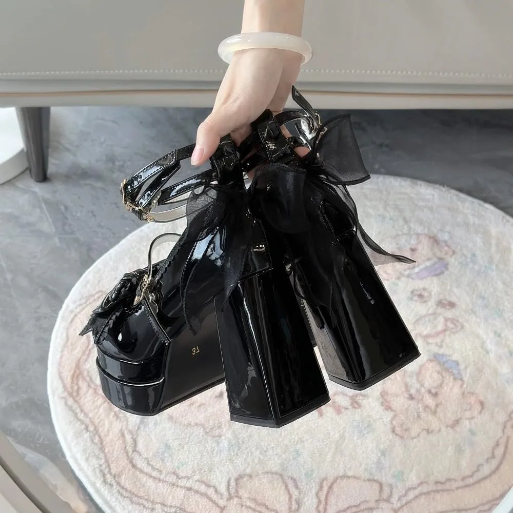 Coquette Star Emo Shoes Heels Bow Mary Janes Platform Women Goth Leather Dressy Ankle Strap Round Closed Toes Chunky Kawaii Lolita Shoes Y2K Retro Trendy Back To School Gift for Daughter Granddaughter