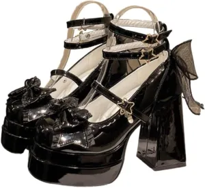 Coquette Star Emo Shoes Heels Bow Mary Janes Platform Women Goth Leather Dressy Ankle Strap Round Closed Toes Chunky Kawaii Lolita Shoes Y2K Retro Trendy Back To School Gift for Daughter Granddaughter