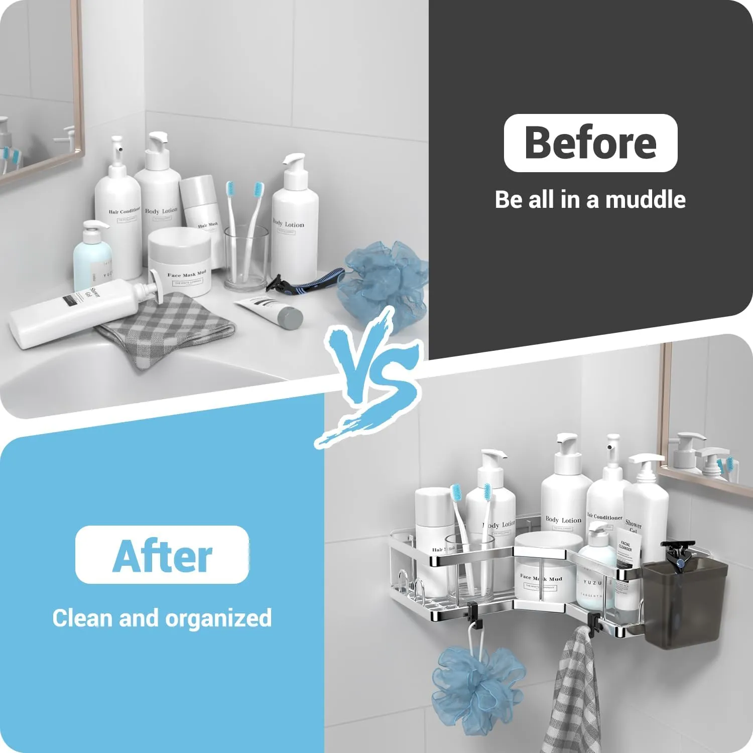 Corner Shower Caddy Shelf Rack: 2 Pack Adhesive Shower Organizer Essentials - No Drilling Stainless Steel Shower Storage Rack with Hooks and Toothpaste Holder - Bathroom Accessories