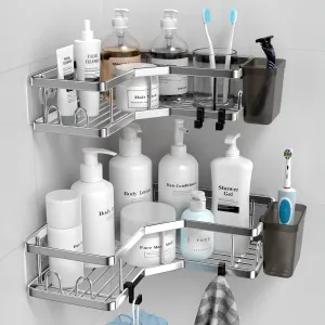 Corner Shower Caddy Shelf Rack: 2 Pack Adhesive Shower Organizer Essentials - No Drilling Stainless Steel Shower Storage Rack with Hooks and Toothpaste Holder - Bathroom Accessories