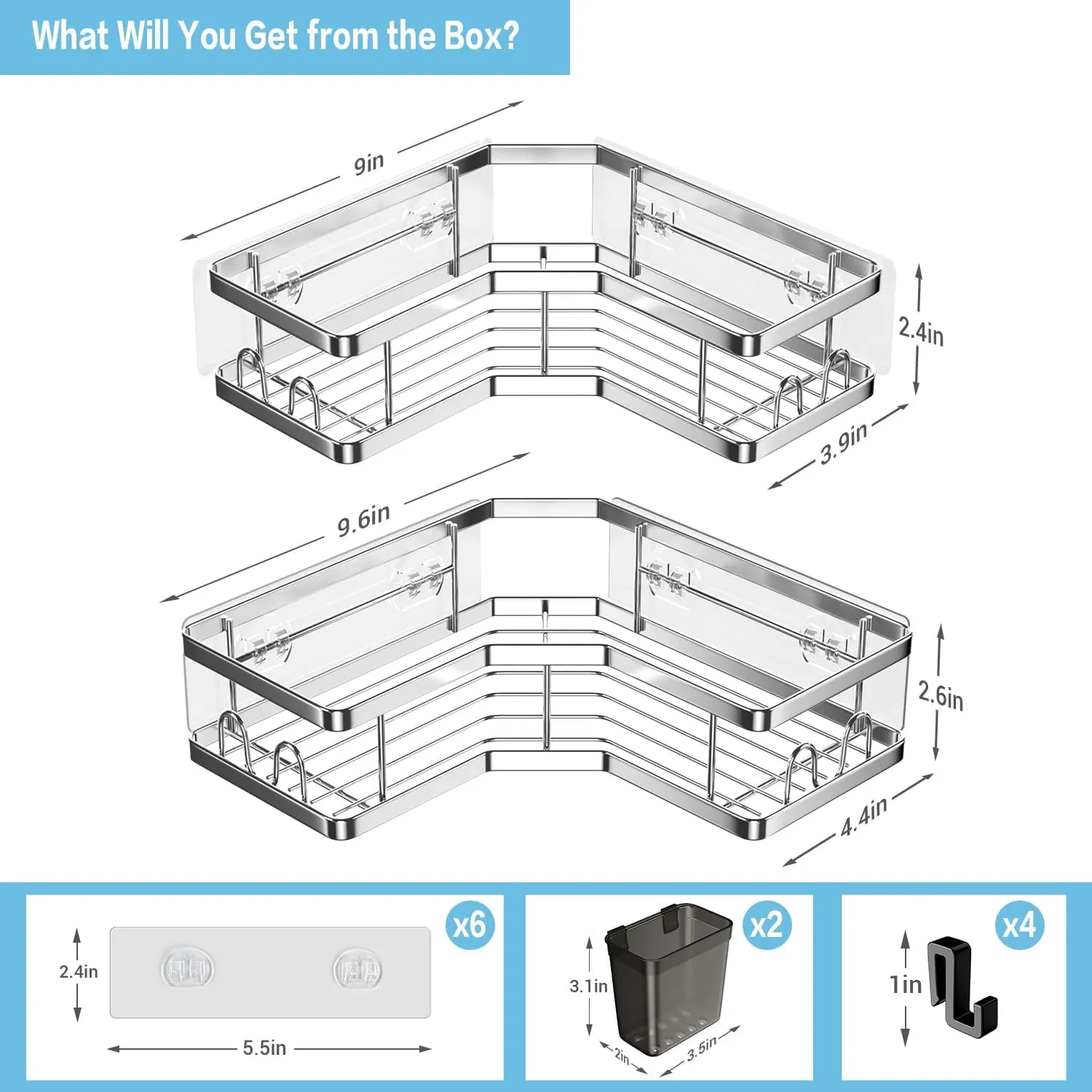 Corner Shower Caddy Shelf Rack: 2 Pack Adhesive Shower Organizer Essentials - No Drilling Stainless Steel Shower Storage Rack with Hooks and Toothpaste Holder - Bathroom Accessories