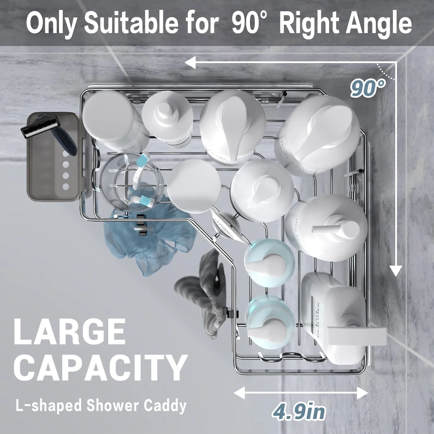 Corner Shower Caddy Shelf Rack: 2 Pack Adhesive Shower Organizer Essentials - No Drilling Stainless Steel Shower Storage Rack with Hooks and Toothpaste Holder - Bathroom Accessories