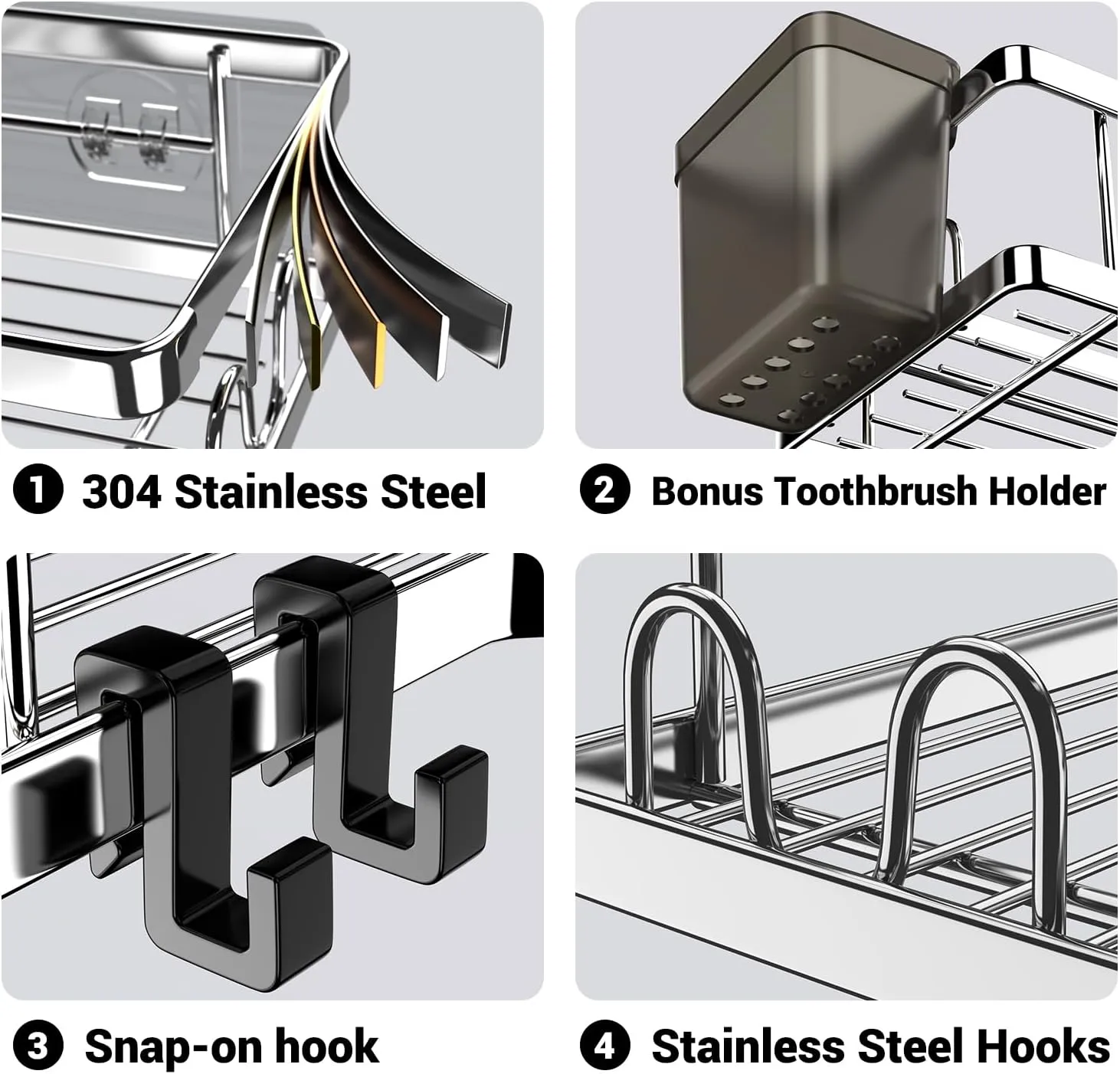 Corner Shower Caddy Shelf Rack: 2 Pack Adhesive Shower Organizer Essentials - No Drilling Stainless Steel Shower Storage Rack with Hooks and Toothpaste Holder - Bathroom Accessories
