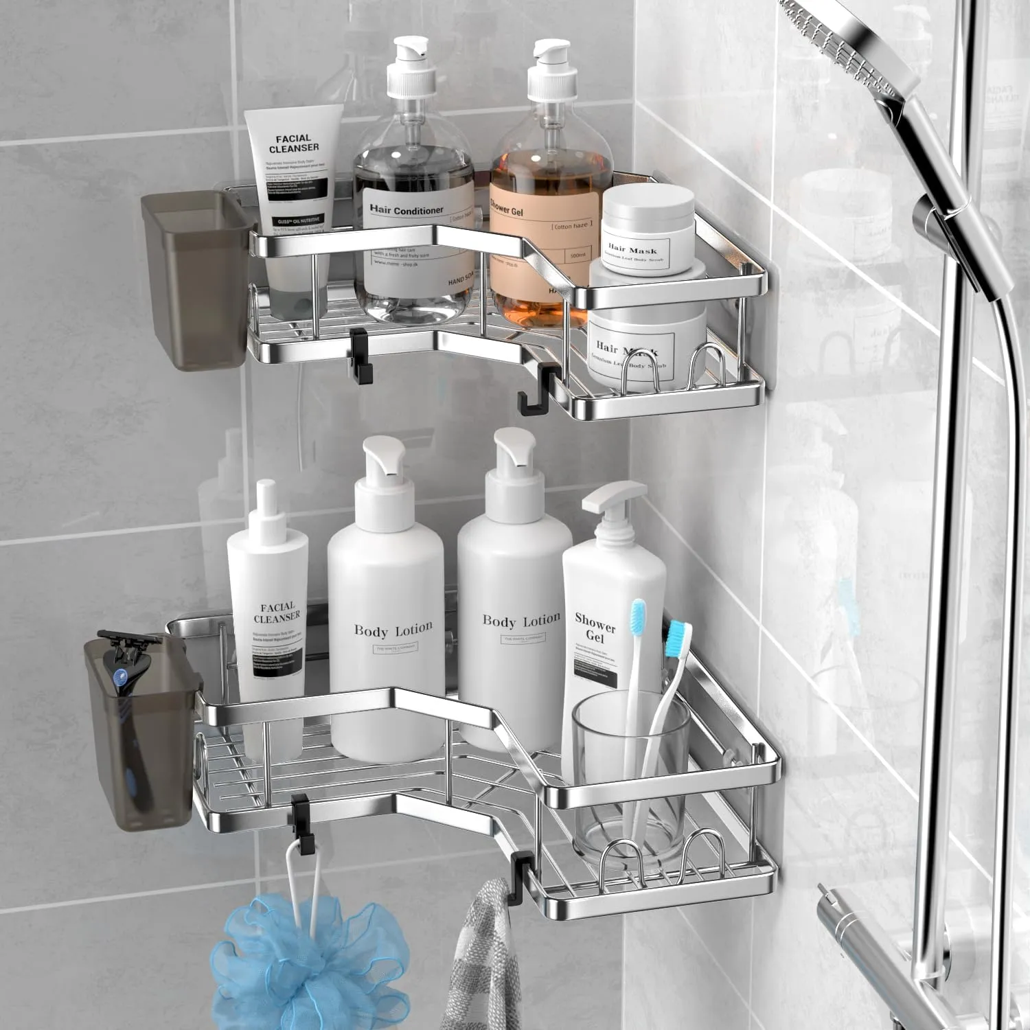 Corner Shower Caddy Shelf Rack: 2 Pack Adhesive Shower Organizer Essentials - No Drilling Stainless Steel Shower Storage Rack with Hooks and Toothpaste Holder - Bathroom Accessories