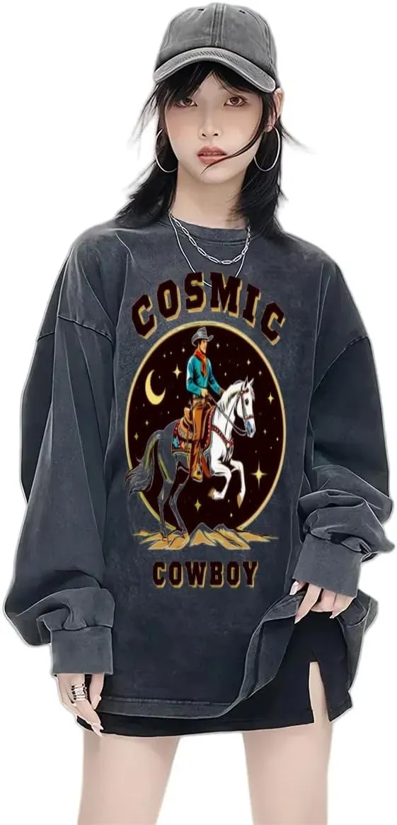 Cosmic Cowboy Vintage Long-Sleeved Denim Jacket Shirt Men's Round Neck Sports T-Shirt