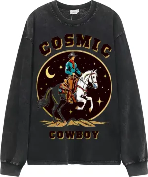 Cosmic Cowboy Vintage Long-Sleeved Denim Jacket Shirt Men's Round Neck Sports T-Shirt