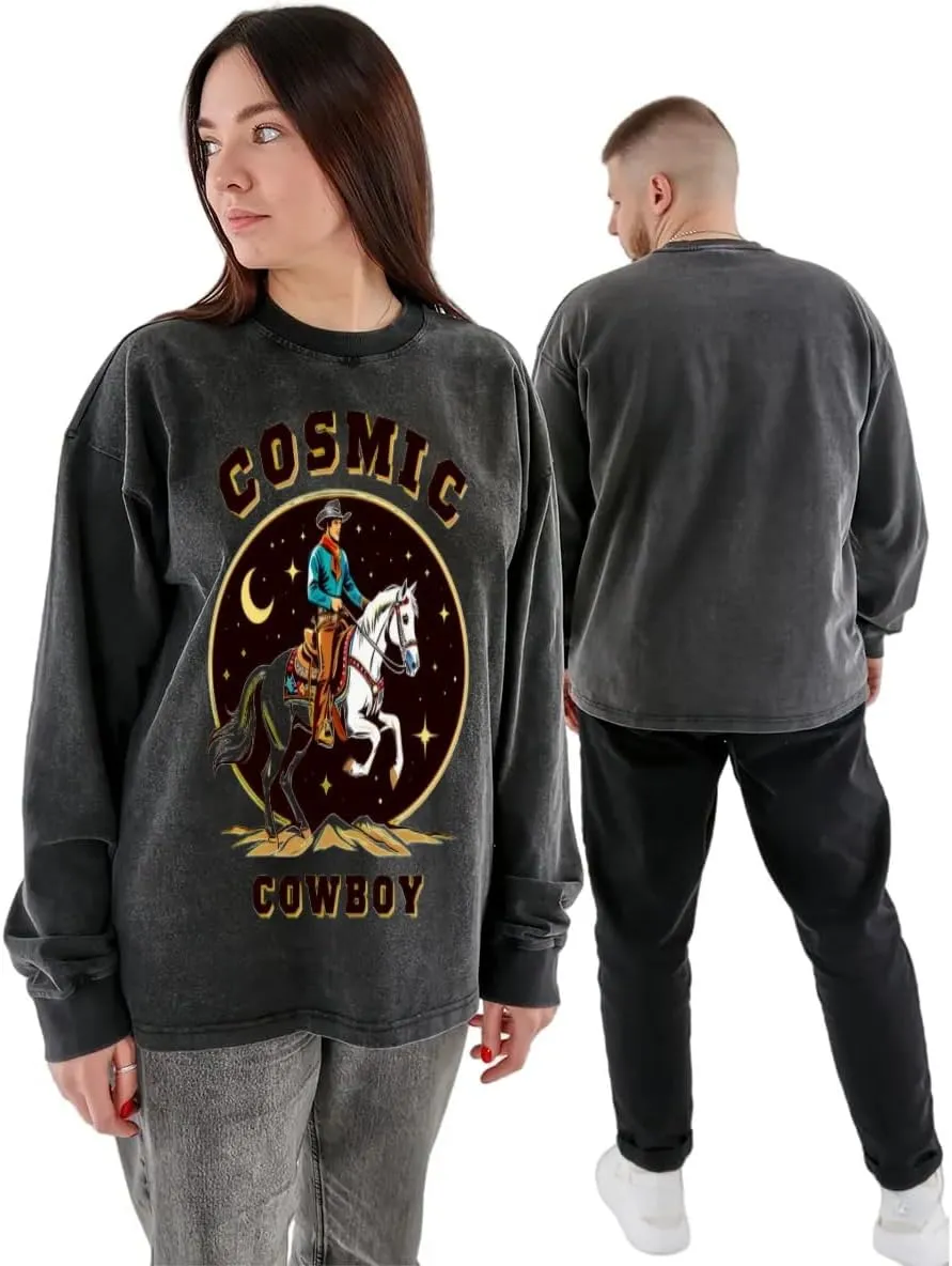 Cosmic Cowboy Vintage Long-Sleeved Denim Jacket Shirt Men's Round Neck Sports T-Shirt