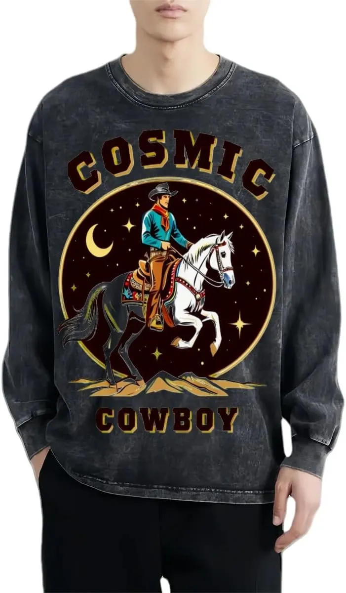 Cosmic Cowboy Vintage Long-Sleeved Denim Jacket Shirt Men's Round Neck Sports T-Shirt
