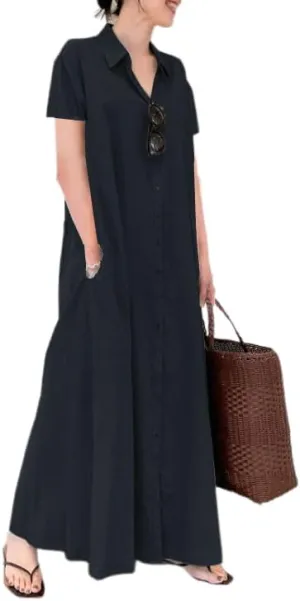 Costaric Womens Cotton Linen Button Down Shirt Dress Casual Plus Size Short Sleeve V Neck Ruffled Maxi Dress with Pocket