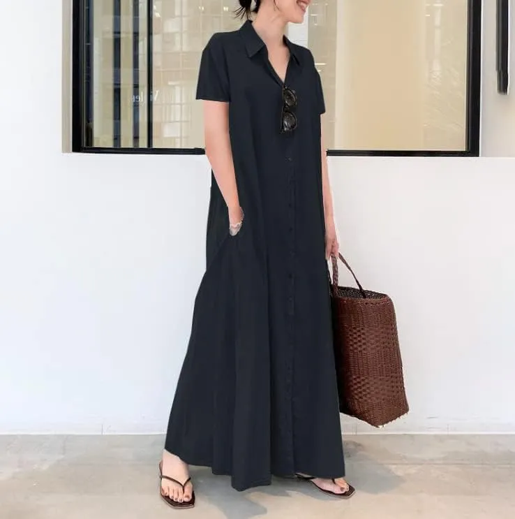 Costaric Womens Cotton Linen Button Down Shirt Dress Casual Plus Size Short Sleeve V Neck Ruffled Maxi Dress with Pocket
