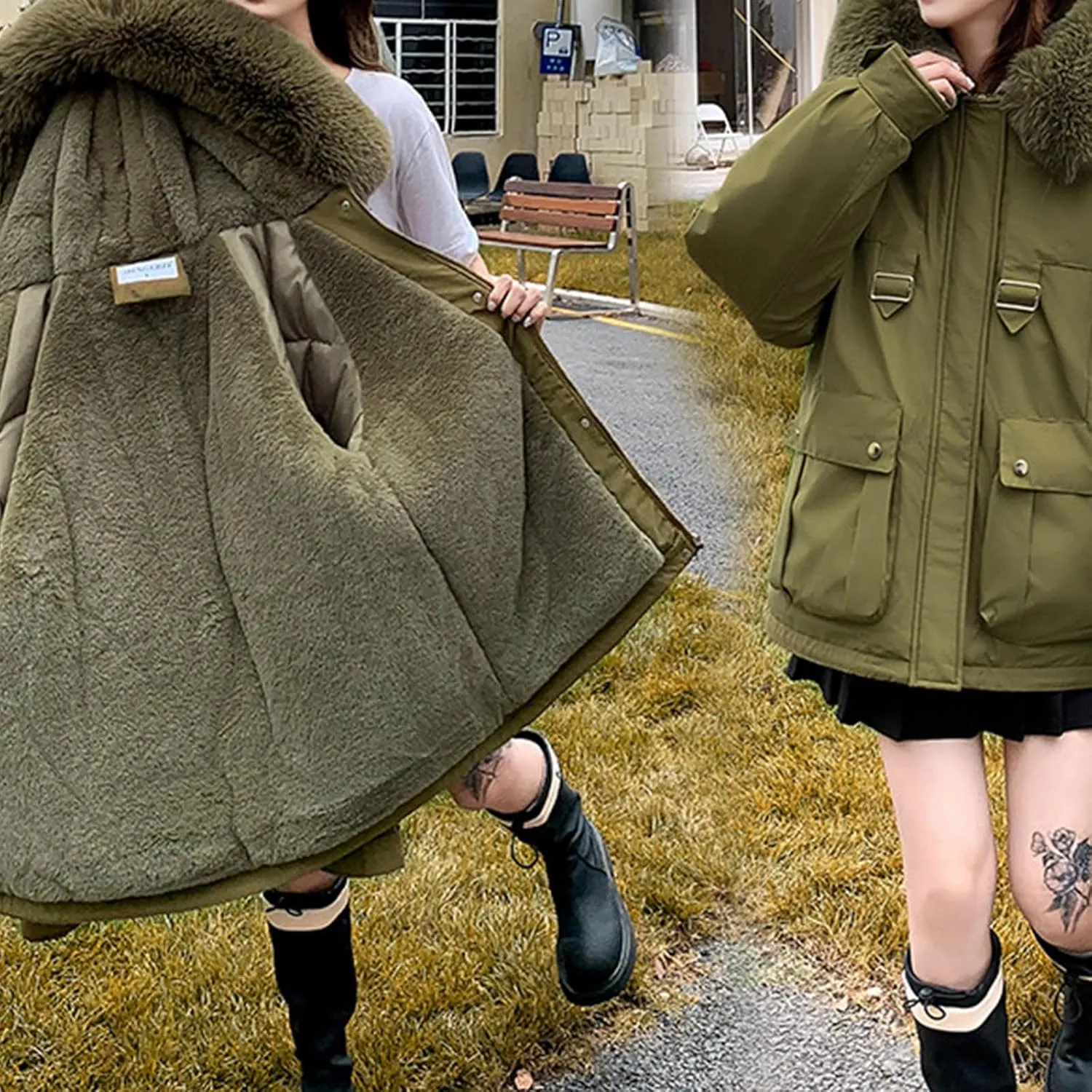 Cotton Winter Puffer Parka Jacket for Women Furry Fur Hooded Quilted Trendy Warm Windproof Thicken Casual Outerwear