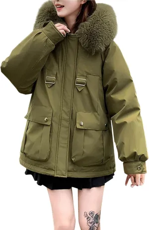 Cotton Winter Puffer Parka Jacket for Women Furry Fur Hooded Quilted Trendy Warm Windproof Thicken Casual Outerwear