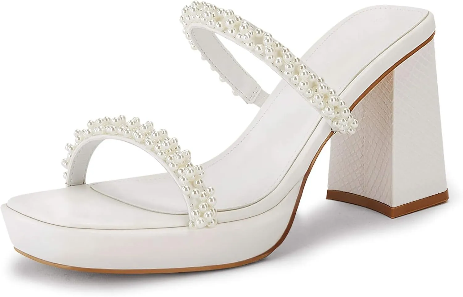 Coutgo Women's Pearl Sandals Platform Chunky High Heels Square Open Toe Strappy Slip On Slides