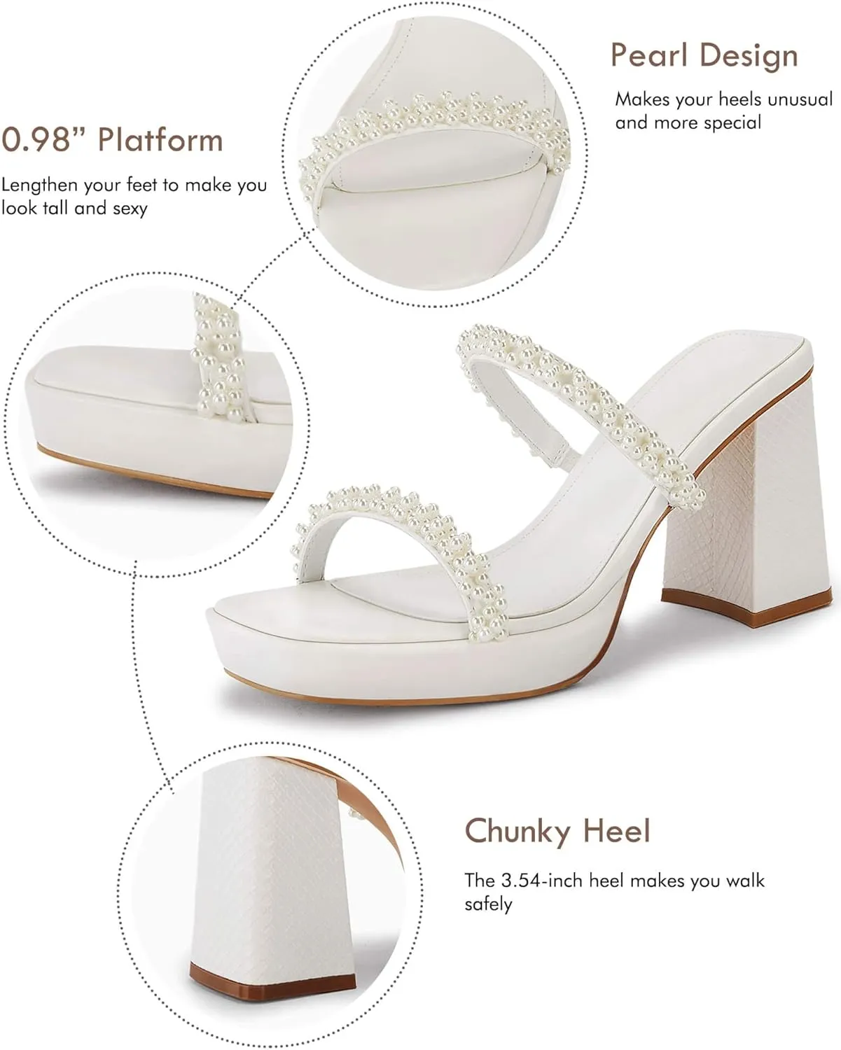 Coutgo Women's Pearl Sandals Platform Chunky High Heels Square Open Toe Strappy Slip On Slides