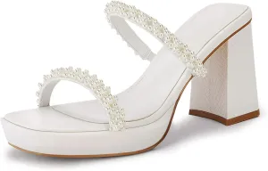 Coutgo Women's Pearl Sandals Platform Chunky High Heels Square Open Toe Strappy Slip On Slides