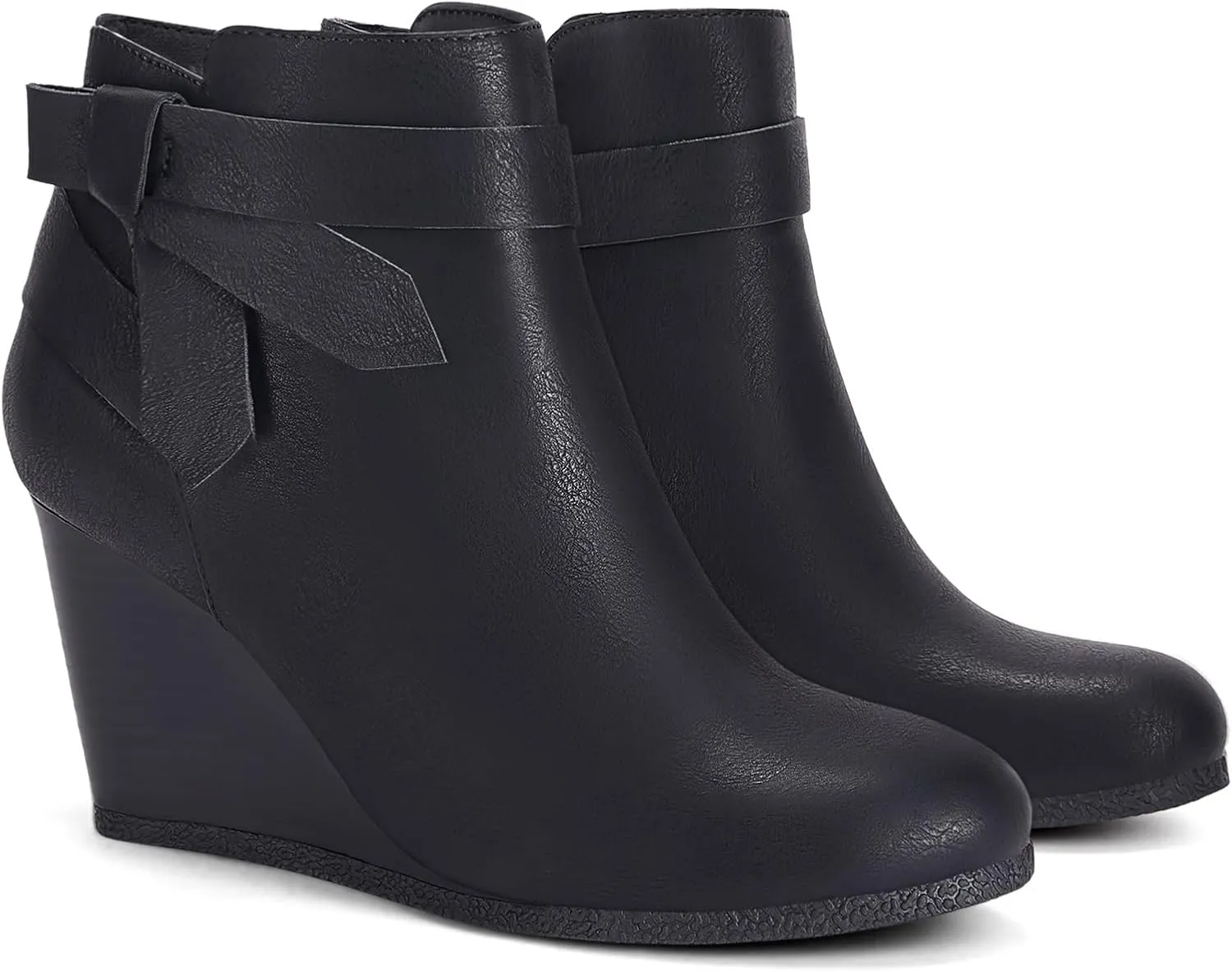 Coutgo Womens Wedge Booties Fall Ankle Boots Tie Knot Stacked Heeled Side Zipper Winter Dress Shoes