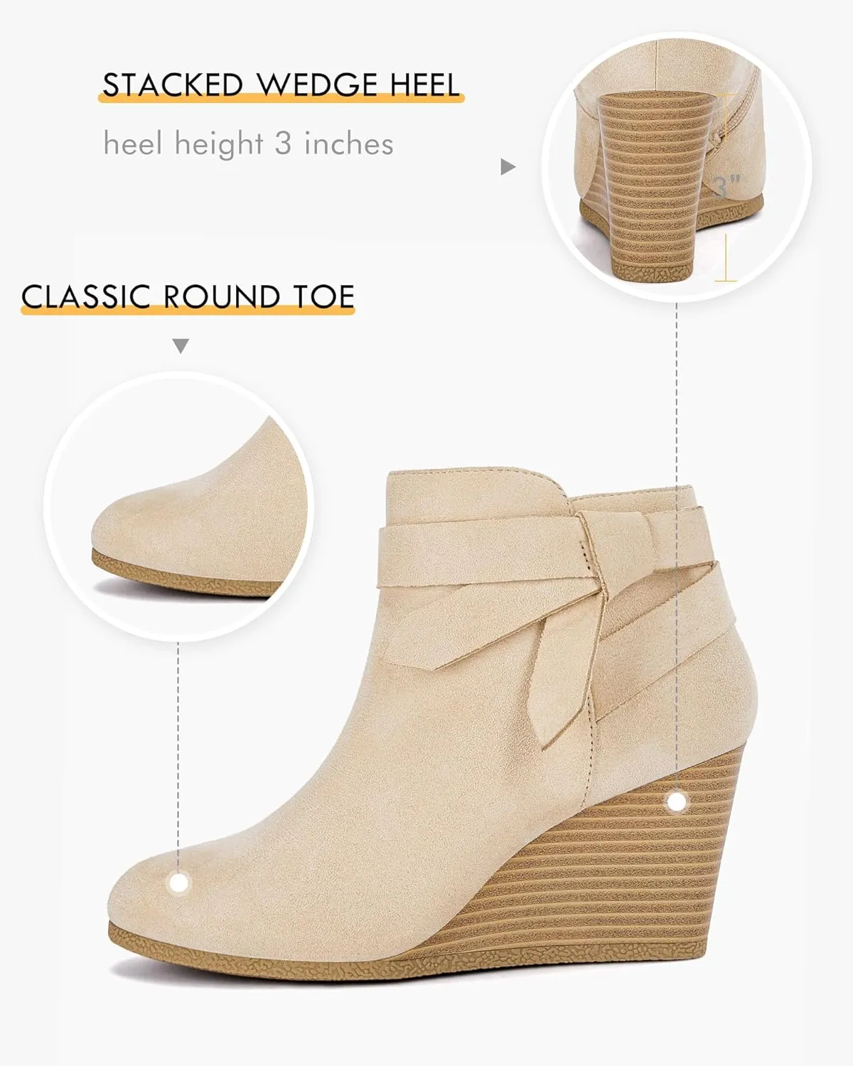 Coutgo Womens Wedge Booties Fall Ankle Boots Tie Knot Stacked Heeled Side Zipper Winter Dress Shoes
