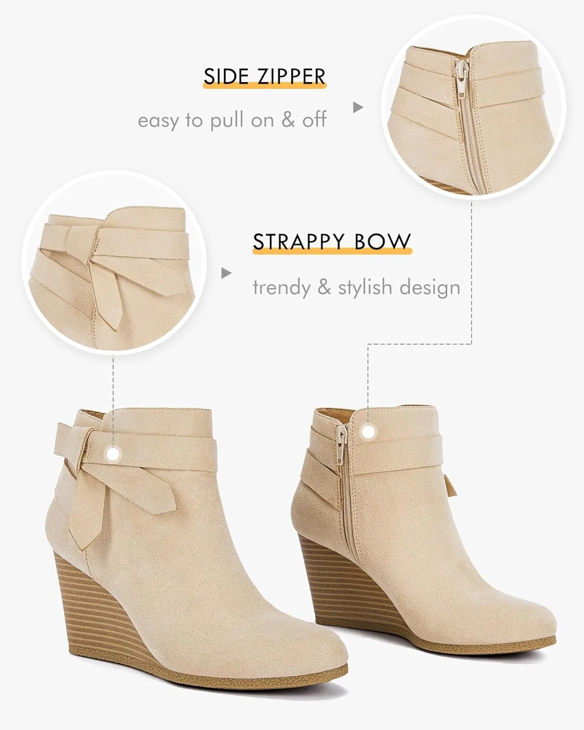 Coutgo Womens Wedge Booties Fall Ankle Boots Tie Knot Stacked Heeled Side Zipper Winter Dress Shoes