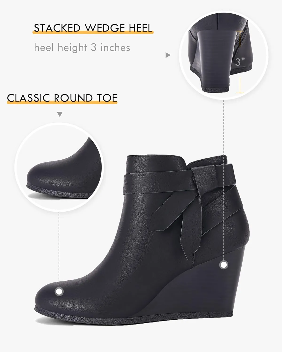 Coutgo Womens Wedge Booties Fall Ankle Boots Tie Knot Stacked Heeled Side Zipper Winter Dress Shoes