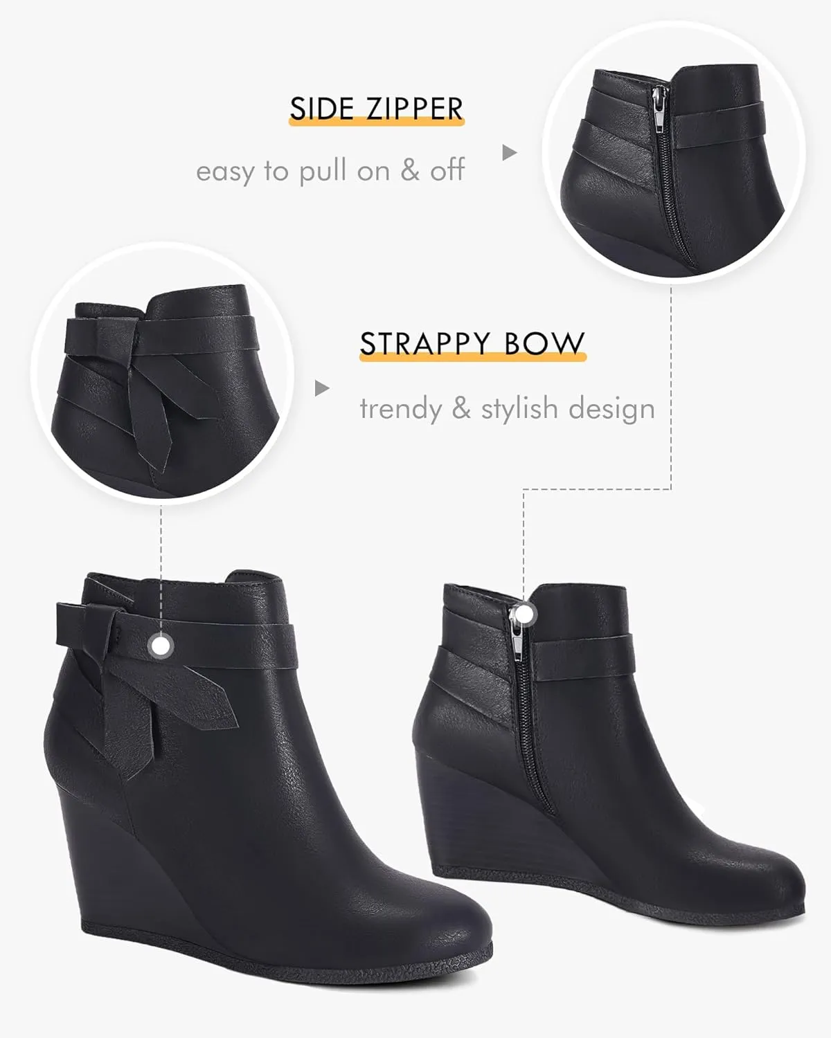 Coutgo Womens Wedge Booties Fall Ankle Boots Tie Knot Stacked Heeled Side Zipper Winter Dress Shoes