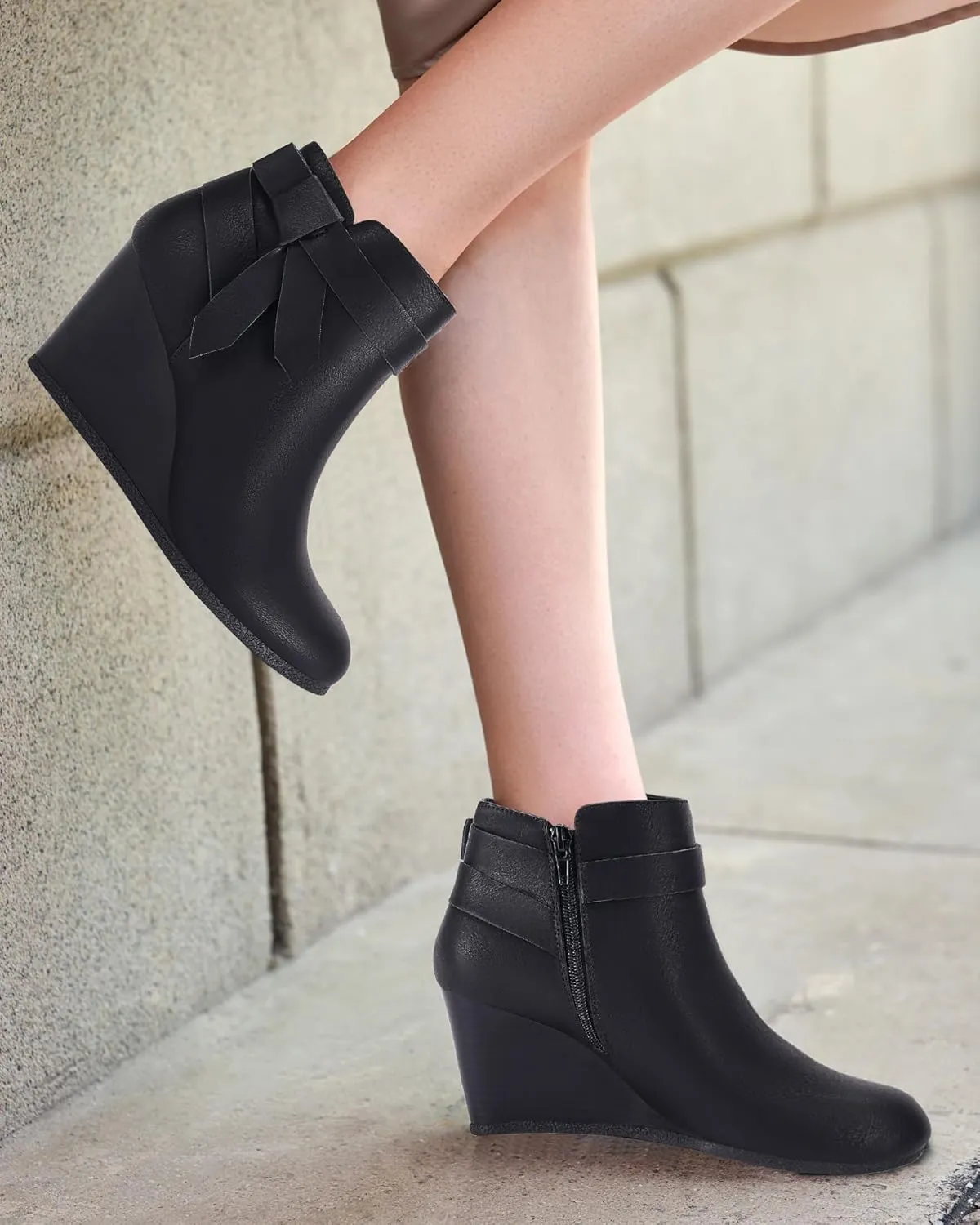 Coutgo Womens Wedge Booties Fall Ankle Boots Tie Knot Stacked Heeled Side Zipper Winter Dress Shoes