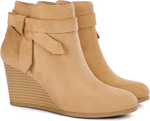 Coutgo Womens Wedge Booties Fall Ankle Boots Tie Knot Stacked Heeled Side Zipper Winter Dress Shoes