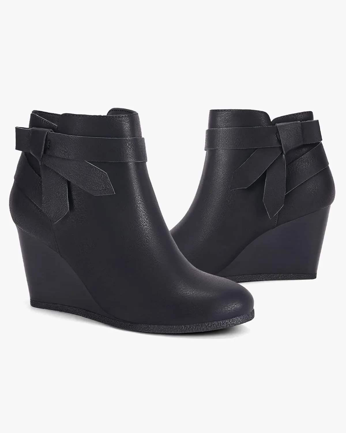 Coutgo Womens Wedge Booties Fall Ankle Boots Tie Knot Stacked Heeled Side Zipper Winter Dress Shoes