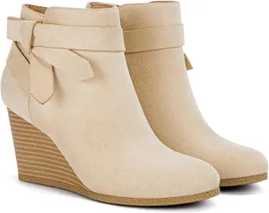 Coutgo Womens Wedge Booties Fall Ankle Boots Tie Knot Stacked Heeled Side Zipper Winter Dress Shoes