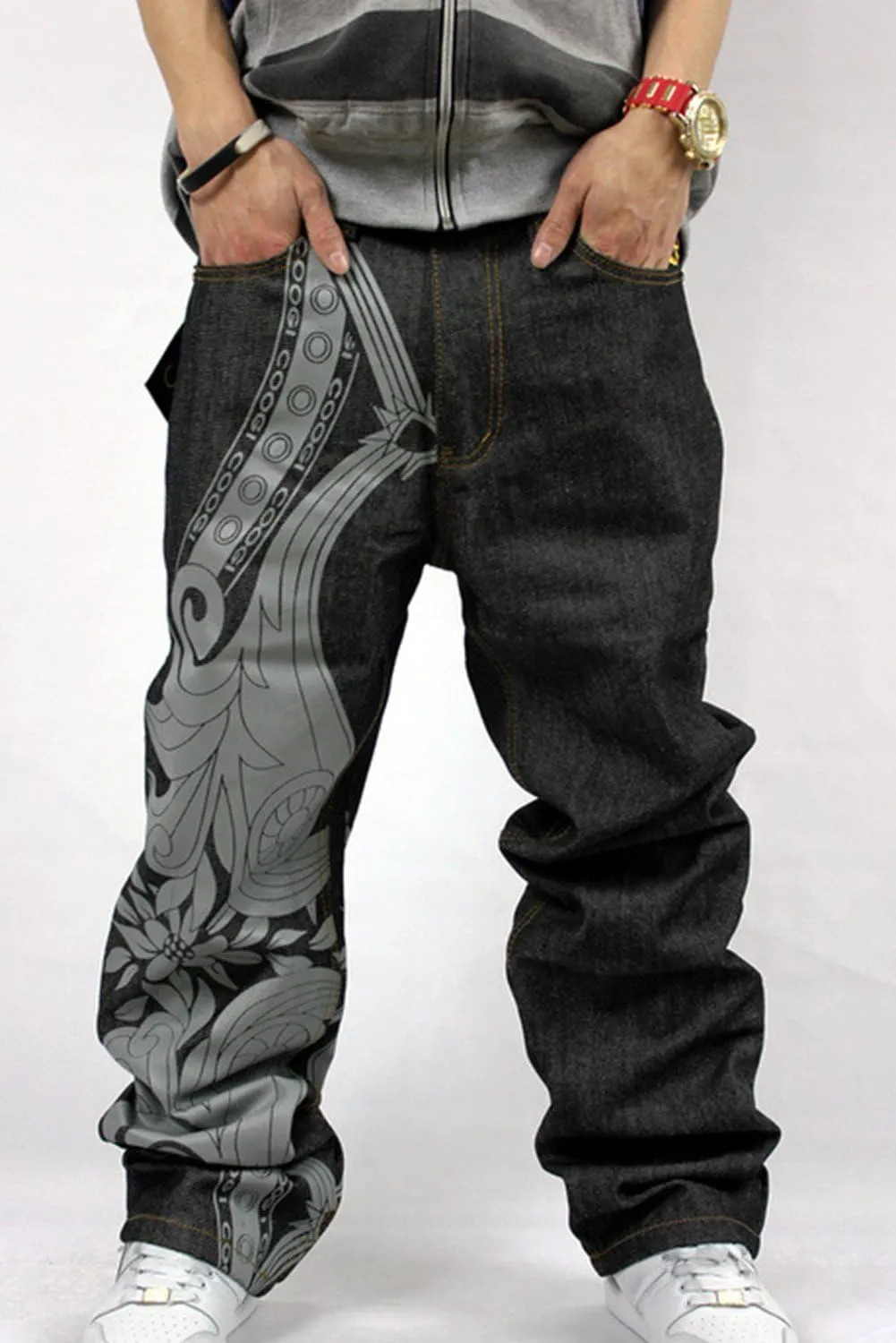 Crazy Men's Hip Hop Embroidery Baggy Jeans Denim Loose Trousers