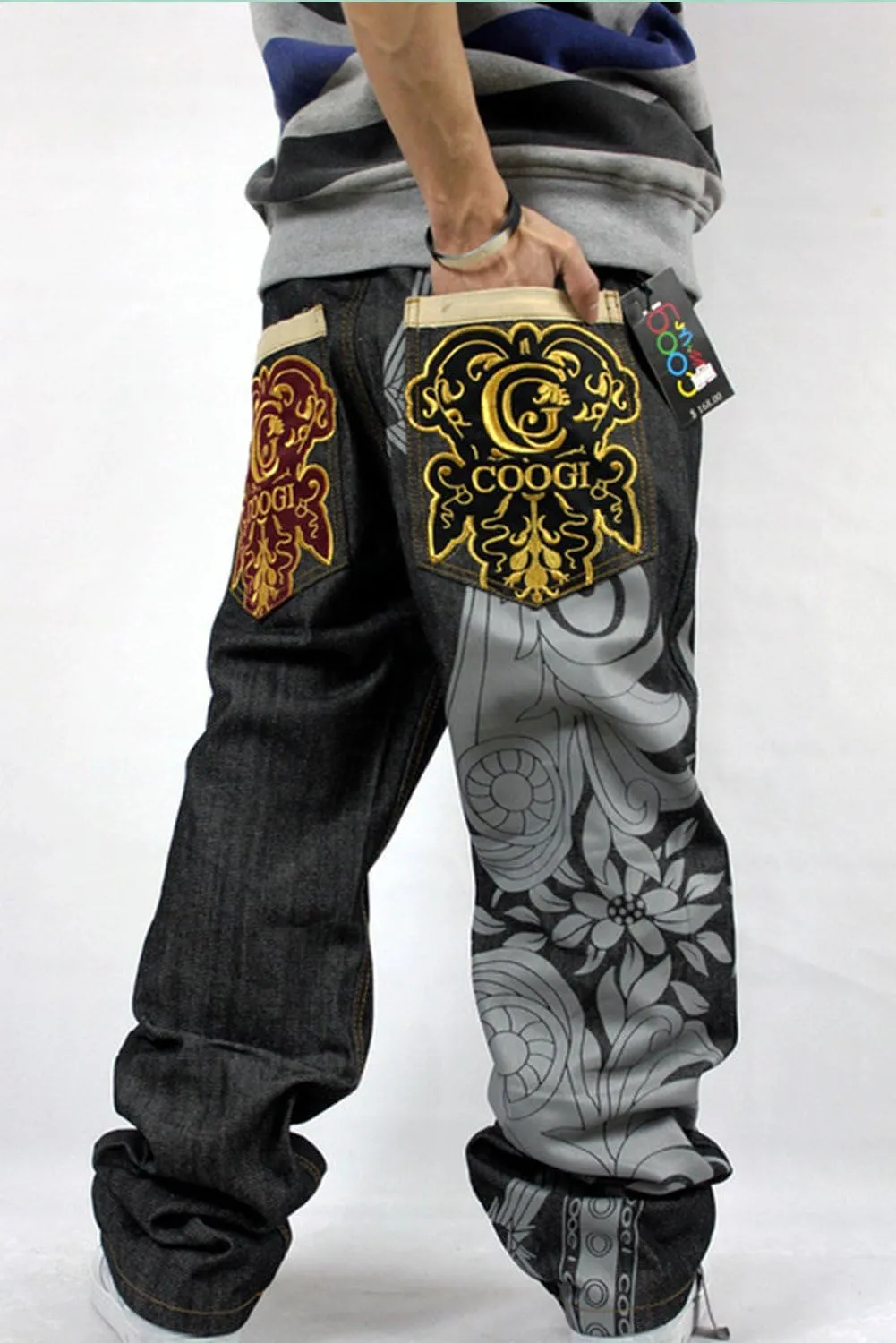 Crazy Men's Hip Hop Embroidery Baggy Jeans Denim Loose Trousers