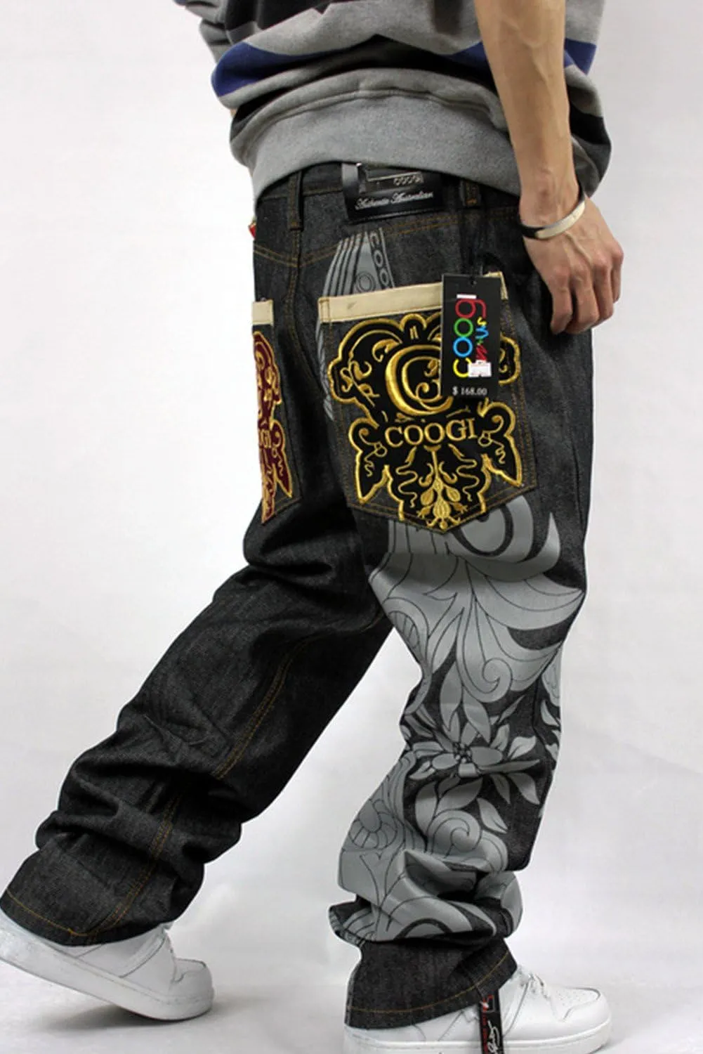 Crazy Men's Hip Hop Embroidery Baggy Jeans Denim Loose Trousers