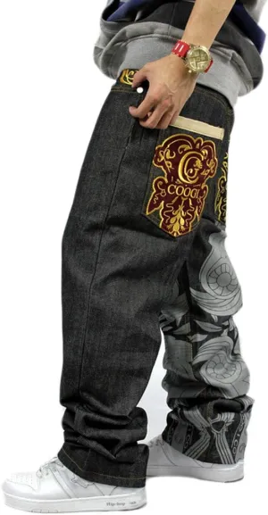 Crazy Men's Hip Hop Embroidery Baggy Jeans Denim Loose Trousers
