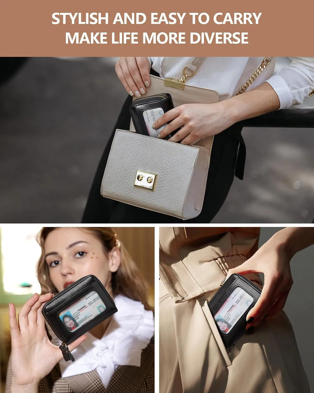 Credit Card Holder for Women RFID Wallet Women Small Leather Womens Wallet with Accordion Zipper Blocking Keychain Card Wallets woman gifts for women Black