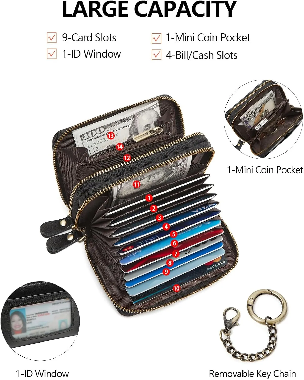 Credit Card Holder for Women RFID Wallet Women Small Leather Womens Wallet with Accordion Zipper Blocking Keychain Card Wallets woman gifts for women Black