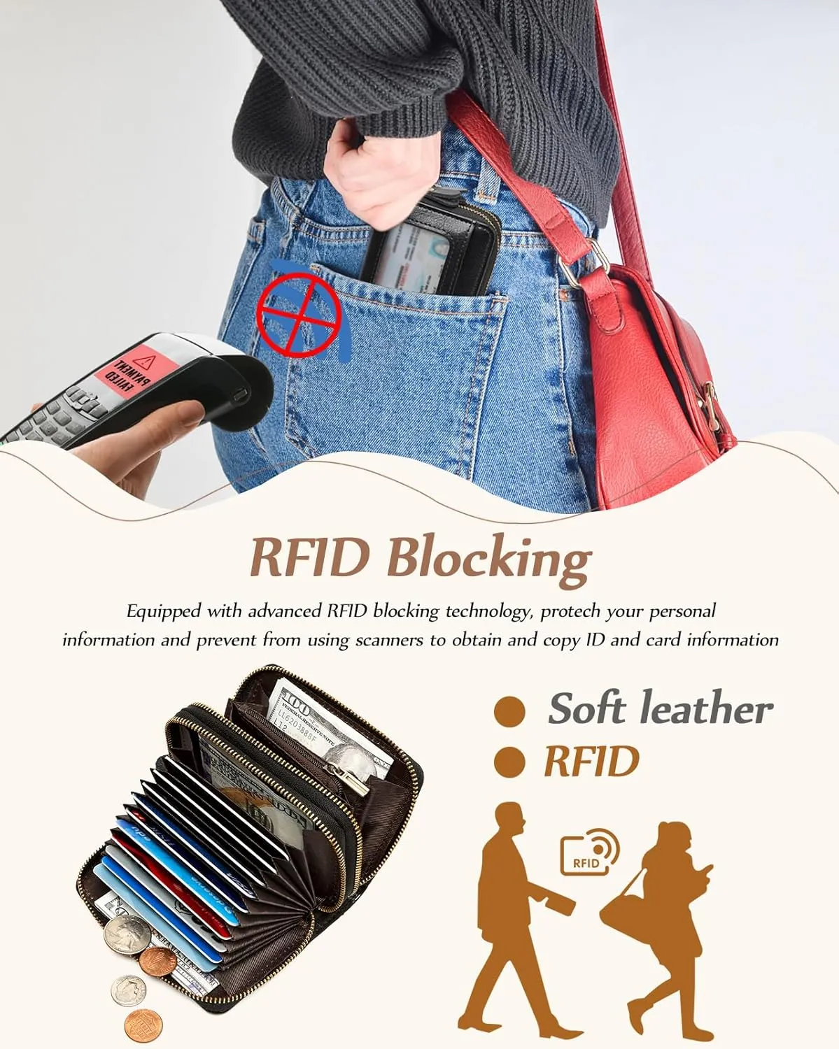 Credit Card Holder for Women RFID Wallet Women Small Leather Womens Wallet with Accordion Zipper Blocking Keychain Card Wallets woman gifts for women Black