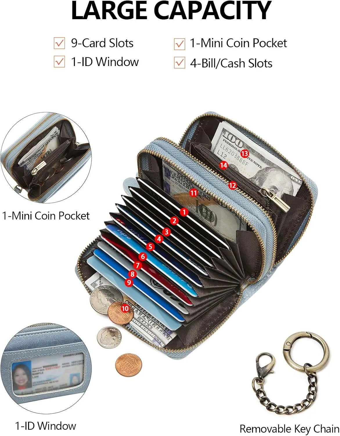 Credit Card Holder for Women RFID Wallet Women Small Leather Womens Wallet with Accordion Zipper Blocking Keychain Card Wallets woman gifts for women Blue