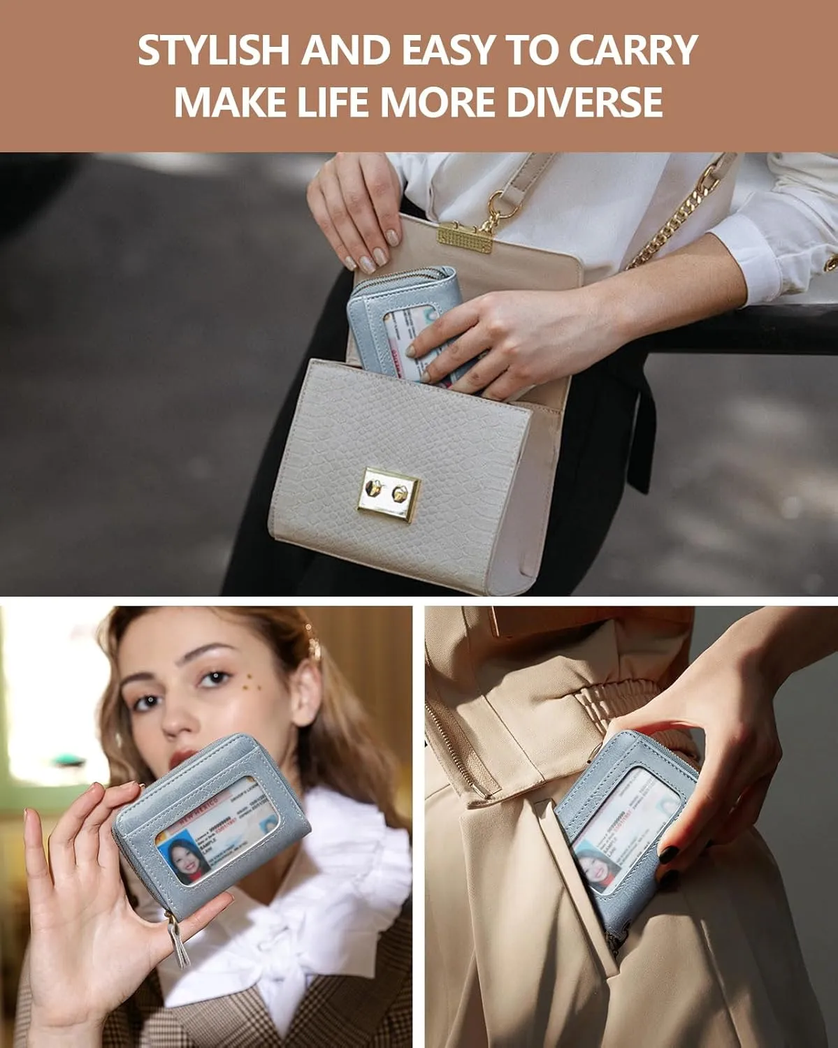 Credit Card Holder for Women RFID Wallet Women Small Leather Womens Wallet with Accordion Zipper Blocking Keychain Card Wallets woman gifts for women Blue