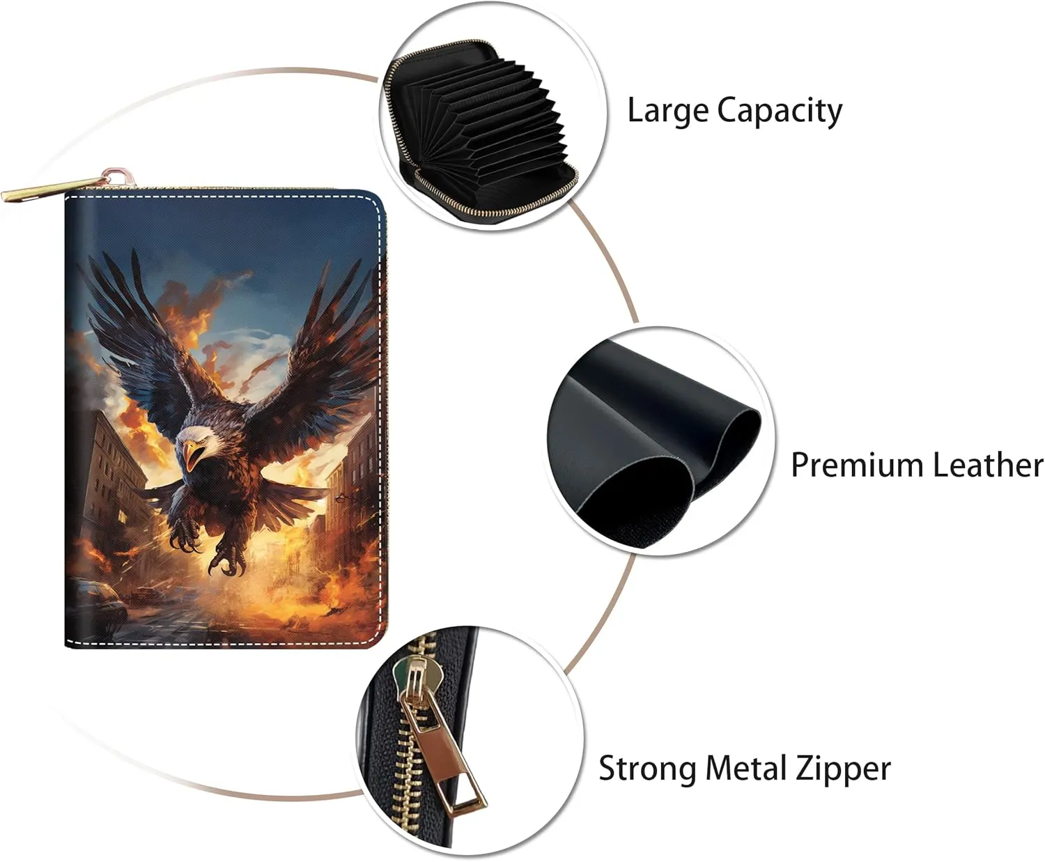Credit Card Holder Wallets for Women, RFID Blocking Small Leather Card Case Wallet with Zipper Accordion Wallets, Bald Eagle