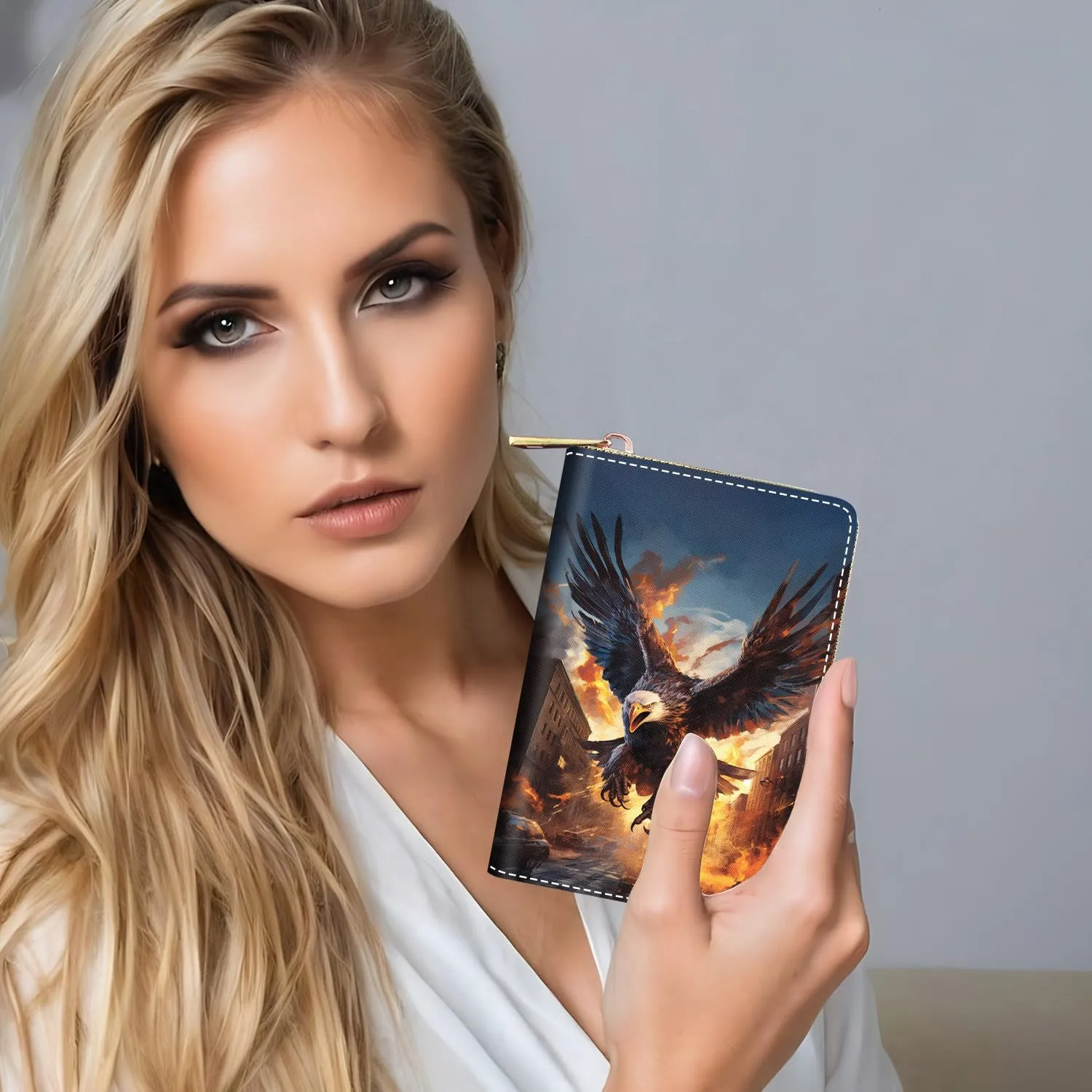 Credit Card Holder Wallets for Women, RFID Blocking Small Leather Card Case Wallet with Zipper Accordion Wallets, Bald Eagle