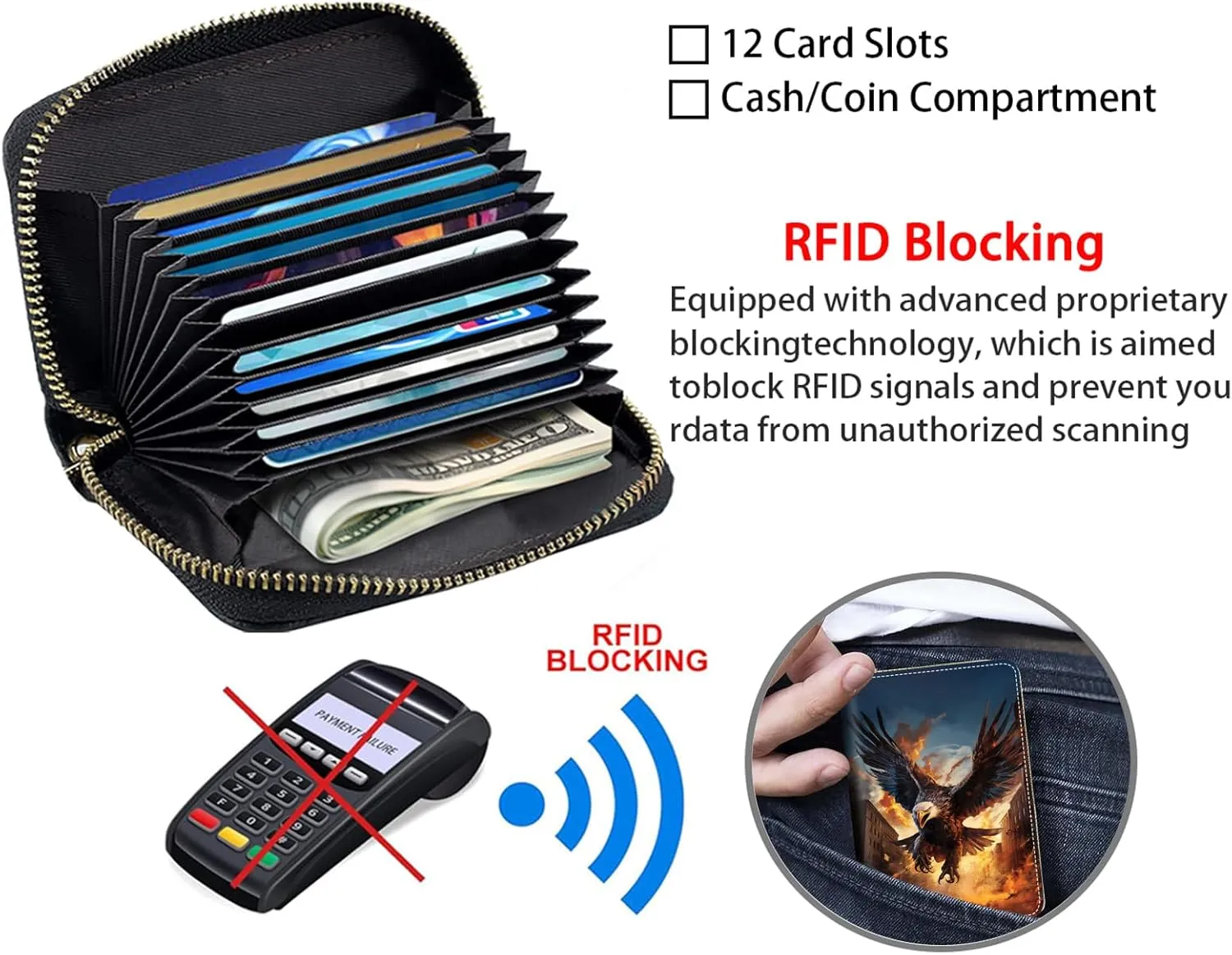 Credit Card Holder Wallets for Women, RFID Blocking Small Leather Card Case Wallet with Zipper Accordion Wallets, Bald Eagle