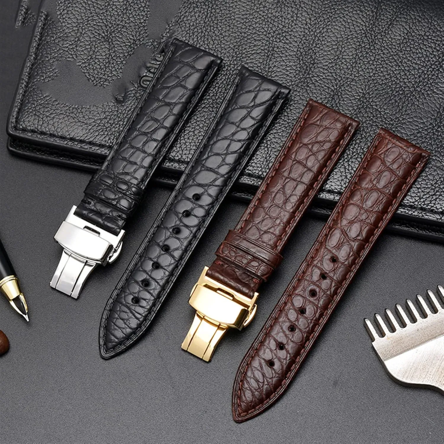 Crocodile leather watchband for any brand wristband 20mm straps with folding clasp