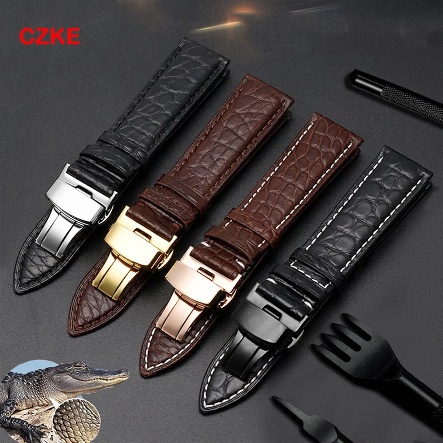 Crocodile leather watchband for any brand wristband 20mm straps with folding clasp
