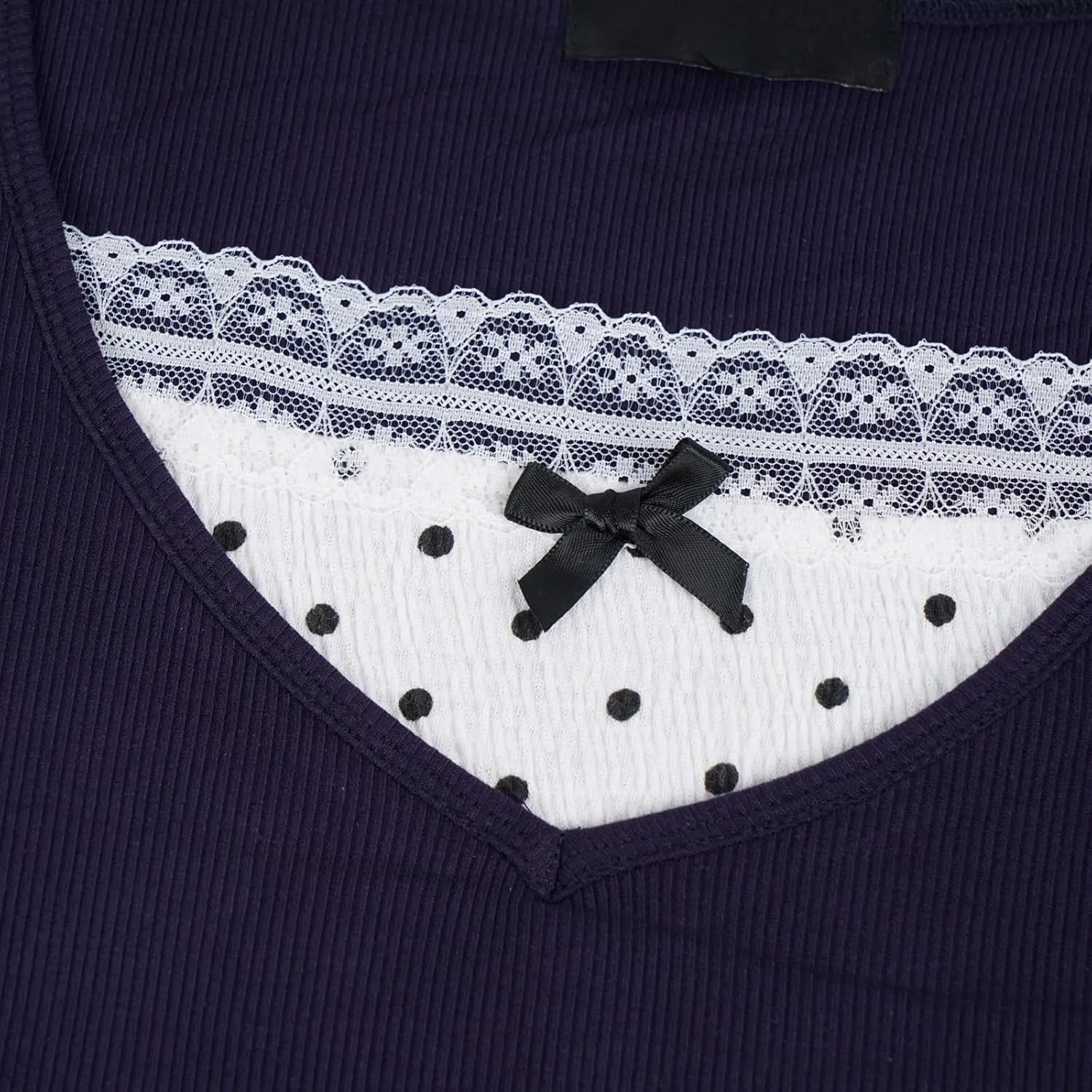 Crop Tops for Women Y2K Baby Tee Kawaii Polka Dot Bow Lace Trim Tops Cutecore Slim Fit Shirt Aesthetic Streetwear