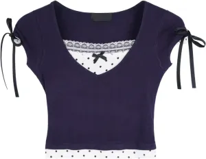 Crop Tops for Women Y2K Baby Tee Kawaii Polka Dot Bow Lace Trim Tops Cutecore Slim Fit Shirt Aesthetic Streetwear